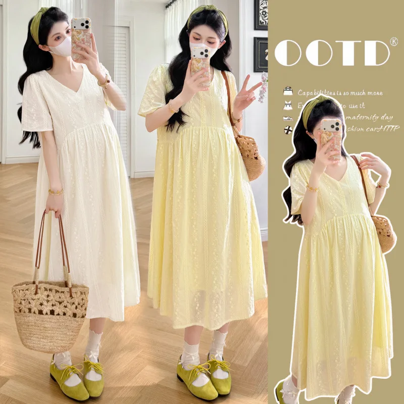 

Maternity Dress Summer 2026 Loose Casual Minimalist Embroidery V Neck Short Sleeve Long Dress For Pregnant Women