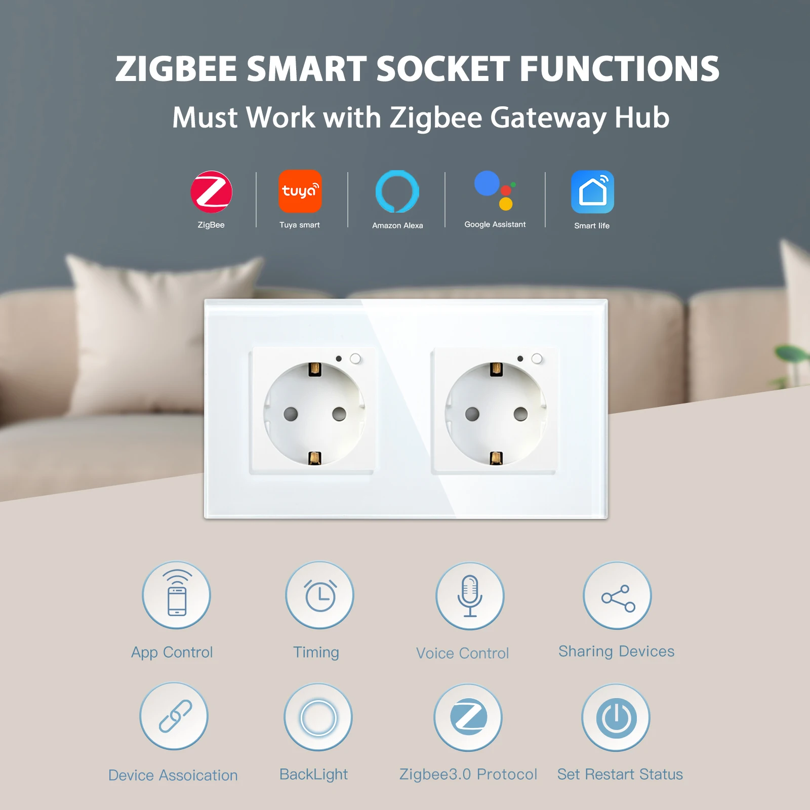 BSEED Zigbee Double Smart Sockets EU Wall Socket Wifi Power Monitoring Tuya Smart Home Google Assistant Alexa Voice Control