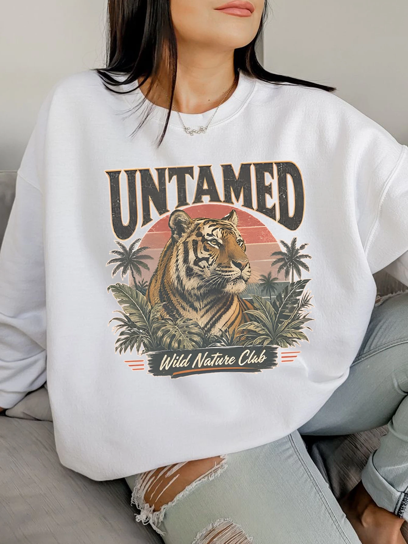Sunset Jungle Tiger Women's Crew Neck Sweatshirt, Fleece Lined for Warmth, Halloween Costume, Women's Autumn Clothing