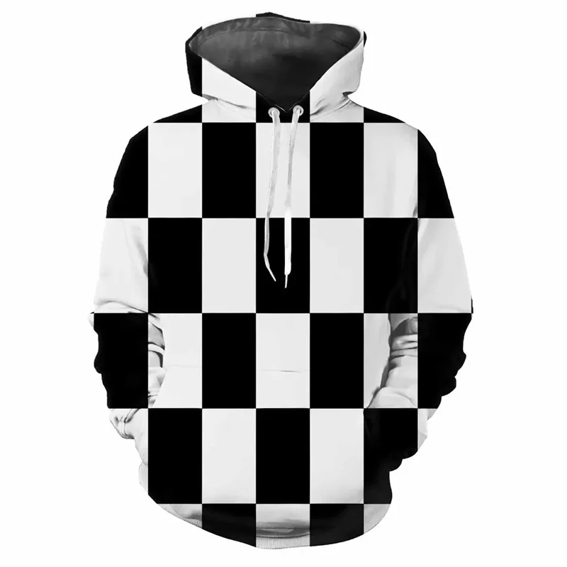 3D Printed Checkerboard Plaid Hoodies For Men Women Black White Pattern Long Sleeves Casual Hooded Tops Pullovers Sweatshirts