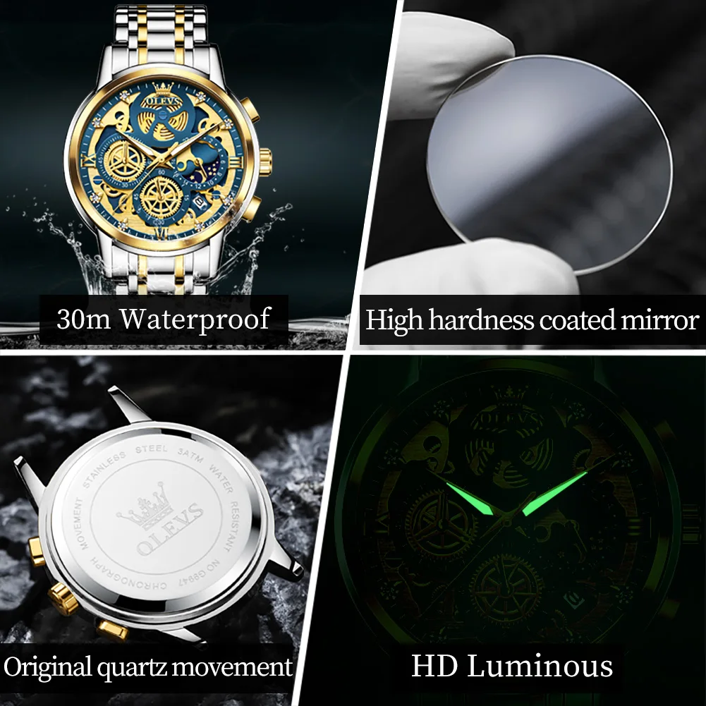 OLEVS 9947 Mens Watch Original Top Brand Luxury Waterproof Quartz Watches For Man Skeleton Multifunctional Chronograph Watch - Image 6