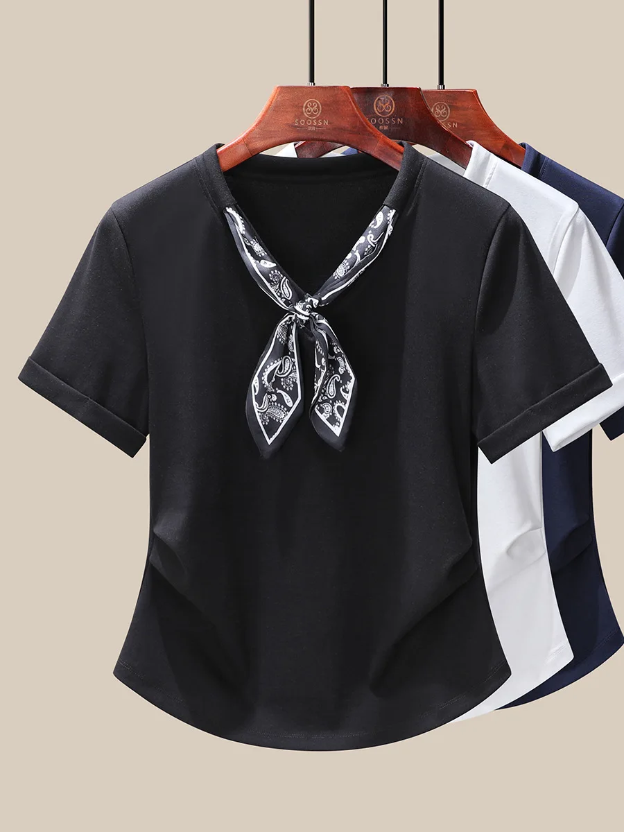 Weißes Damen-T-Shirt mit V-Ausschnitt, 2025, Sommerschal-inspirierter Ausschnitt, dehnbare Baumwollbluse in Übergröße, trendig (M-4XL)