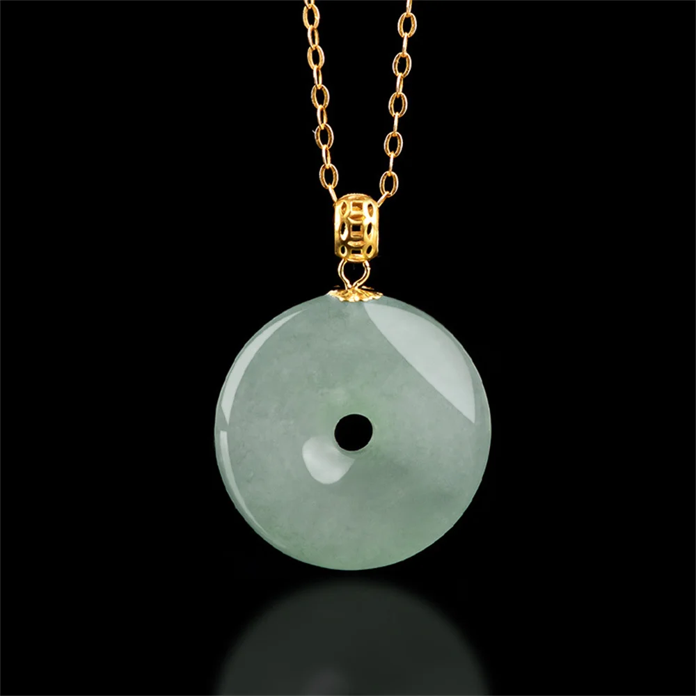 18K Gold Natural Ice Green Jadeite Round Harmony Lucky Pendant Amulet Chain Necklace Certificate Luxury Jade Vintage Jewelry