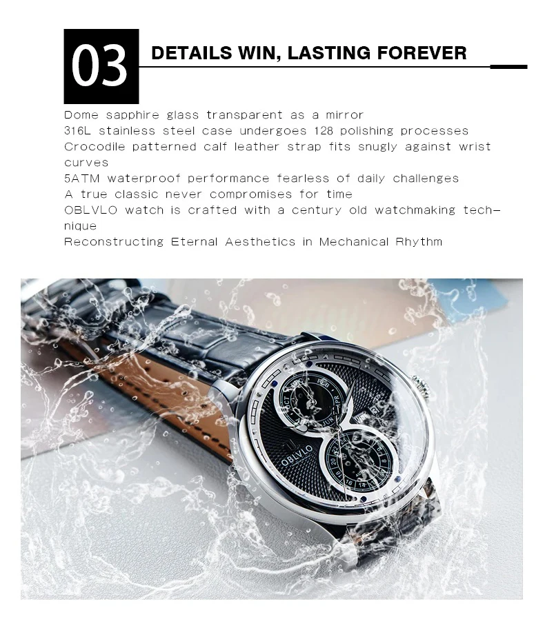 Reef Tiger Men Automatic Watch 42mm Fashion Mechanical Wristwatch 5ATM Luminous Multi MOP Dial Month,Week,Date,24 Hours