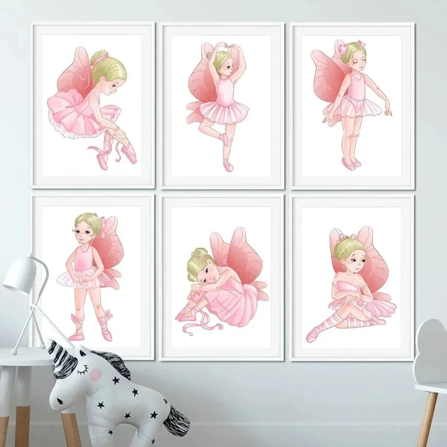 Cuadro sobre lienzo para pared de habitación infantil, diseño de bailarina de Ballet rosa, carteles e impresiones nórdicas, imágenes de dibujos animados, decoración para habitación de bebés y niños