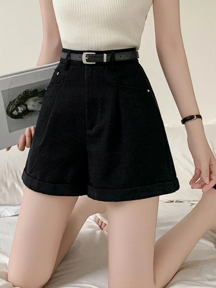 Smthma calções casuais para mulheres verão 2025 lavagem de água workwear shorts soltos a linha magro perna larga shorts com cinto
