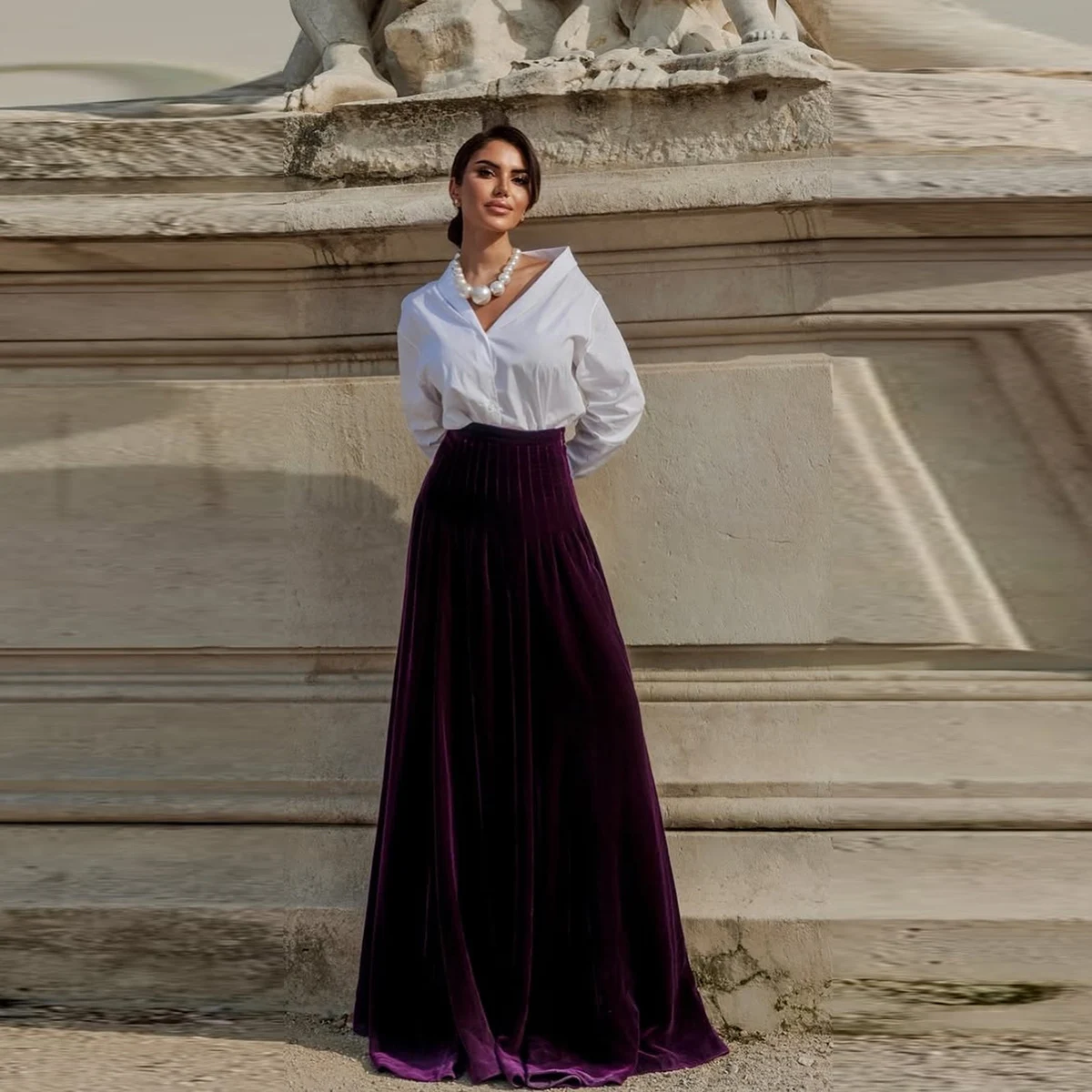 

Grape Color Velvet Long Skirts High Waist Floor Length A Line Lady Skirt To Party Women Formal Wear Custom Color And Size Skirts