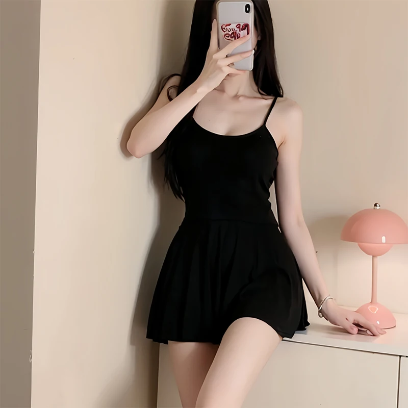 Vestido Mini de Mujer Sexy Sin Espalda con Cuello en V y Tirantes al Cuello, Liso, con Plisados, Elegante, para Fiesta y Noche 3