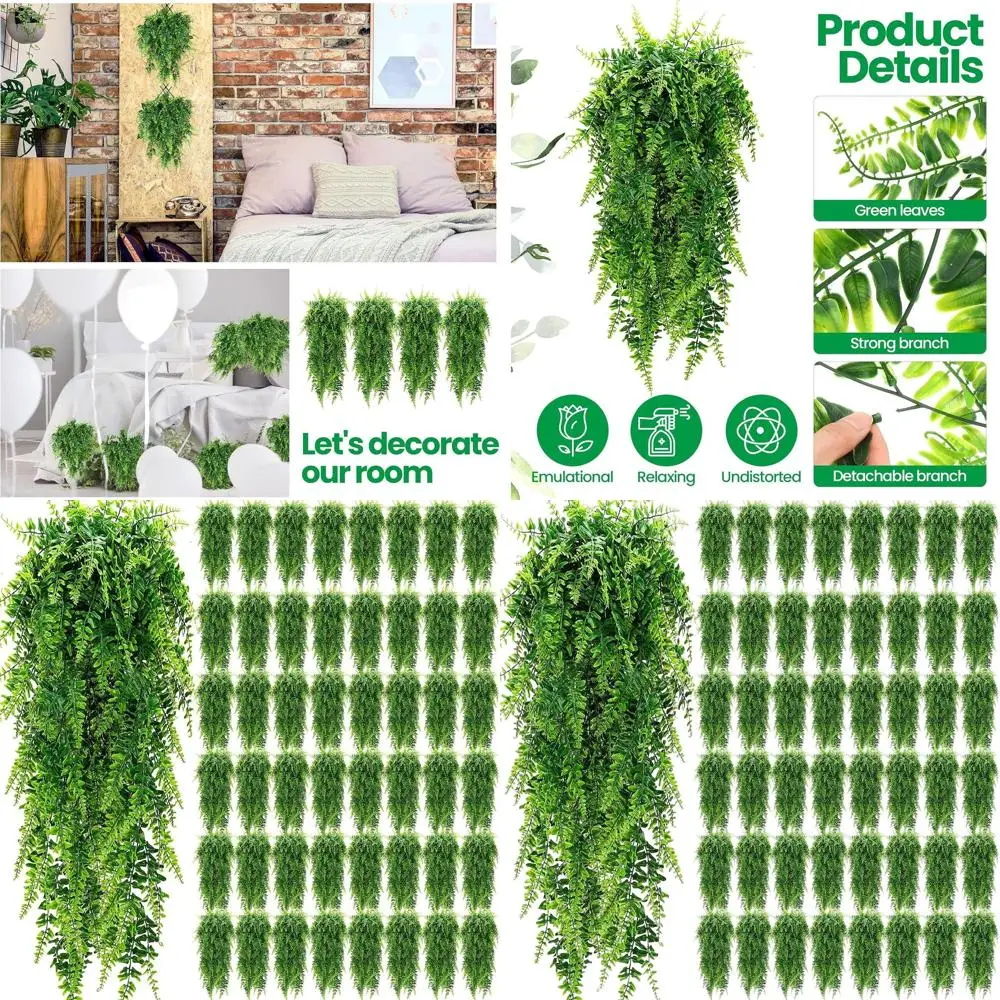 

32-Inch Artificial Hanging Boston Ferns, 56 Pcs Plastic Fake Plants for Wall, Room, Garden, Wedding, Indoor & Outdoor Decoration