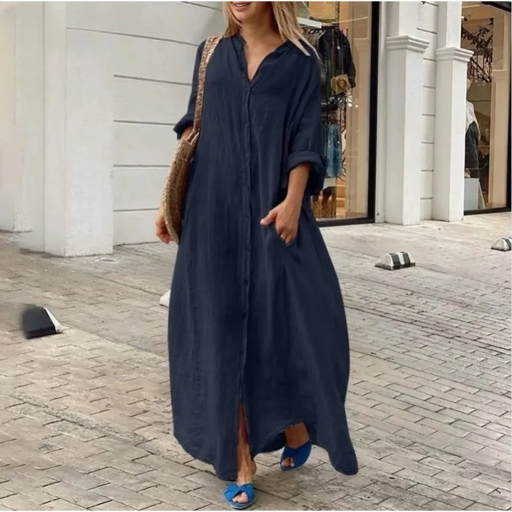 Damska sukienka L-5XL Plus Size Oversized Summer Casual Loose Pocket Flip Collar Long Dress Solid Color Casual Button Loose Oversized