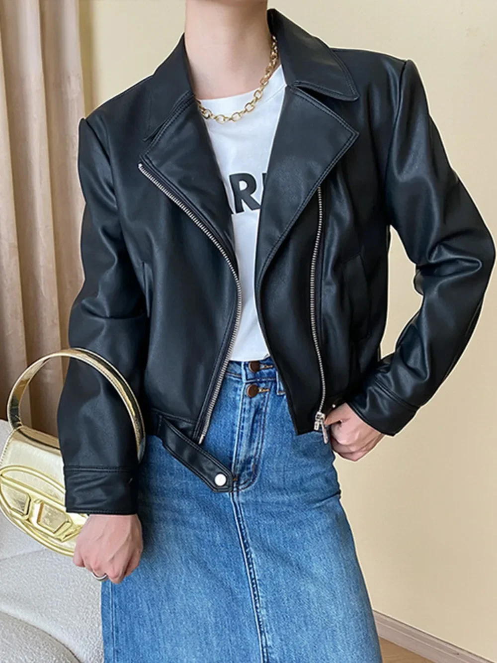 Stand Collar Zipper Leather Jackets Motorcycle PU Coats Women 2023 Autumn Street Long Sleeve Cropped Coat New in Outerwears