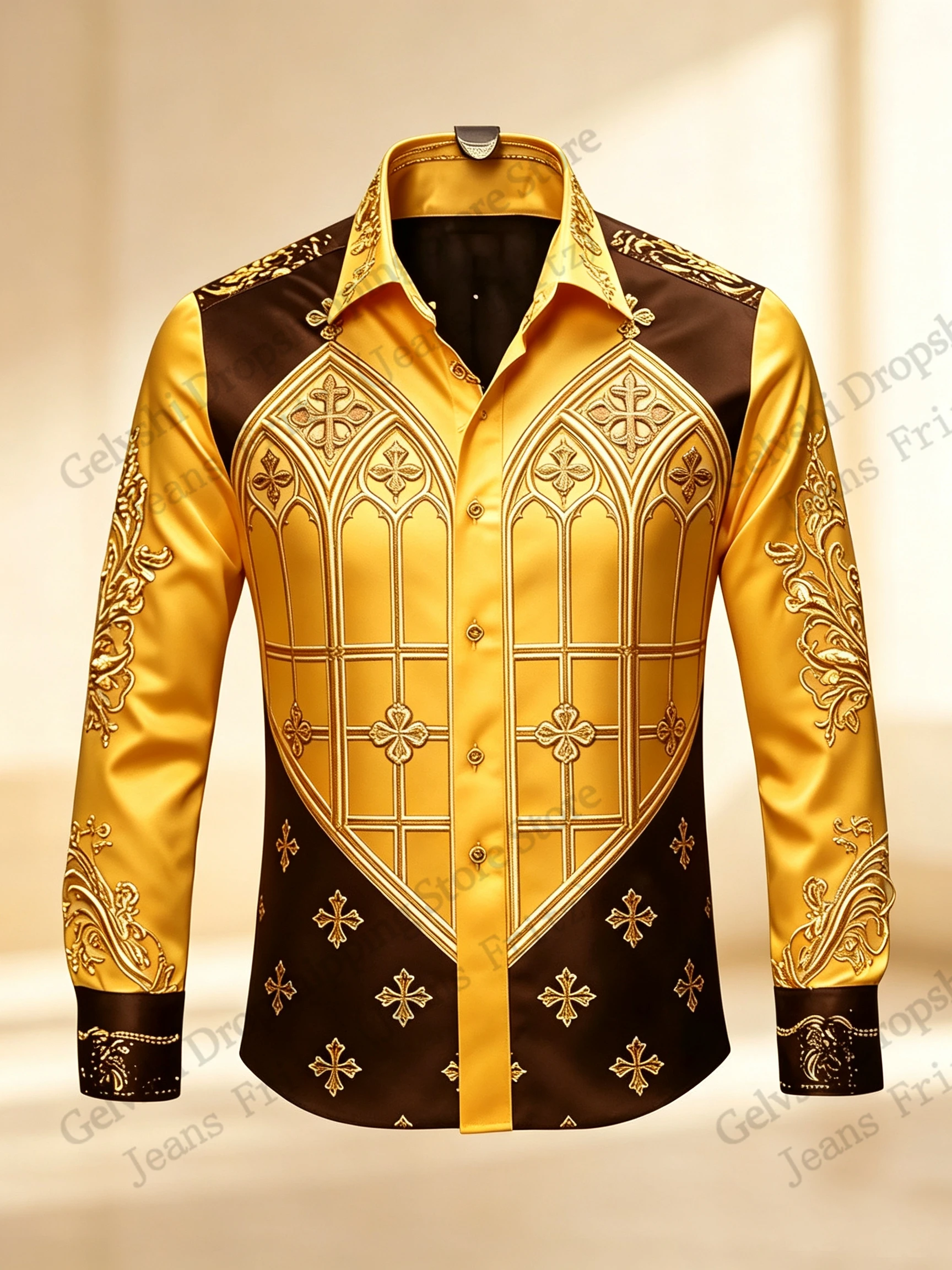 Long Sleeve Button Up Golden Pattern Shirt Flower Texture 3d Print Hawaiian Shirt Men Women Fashion Luxury Blouse Satin Baroque