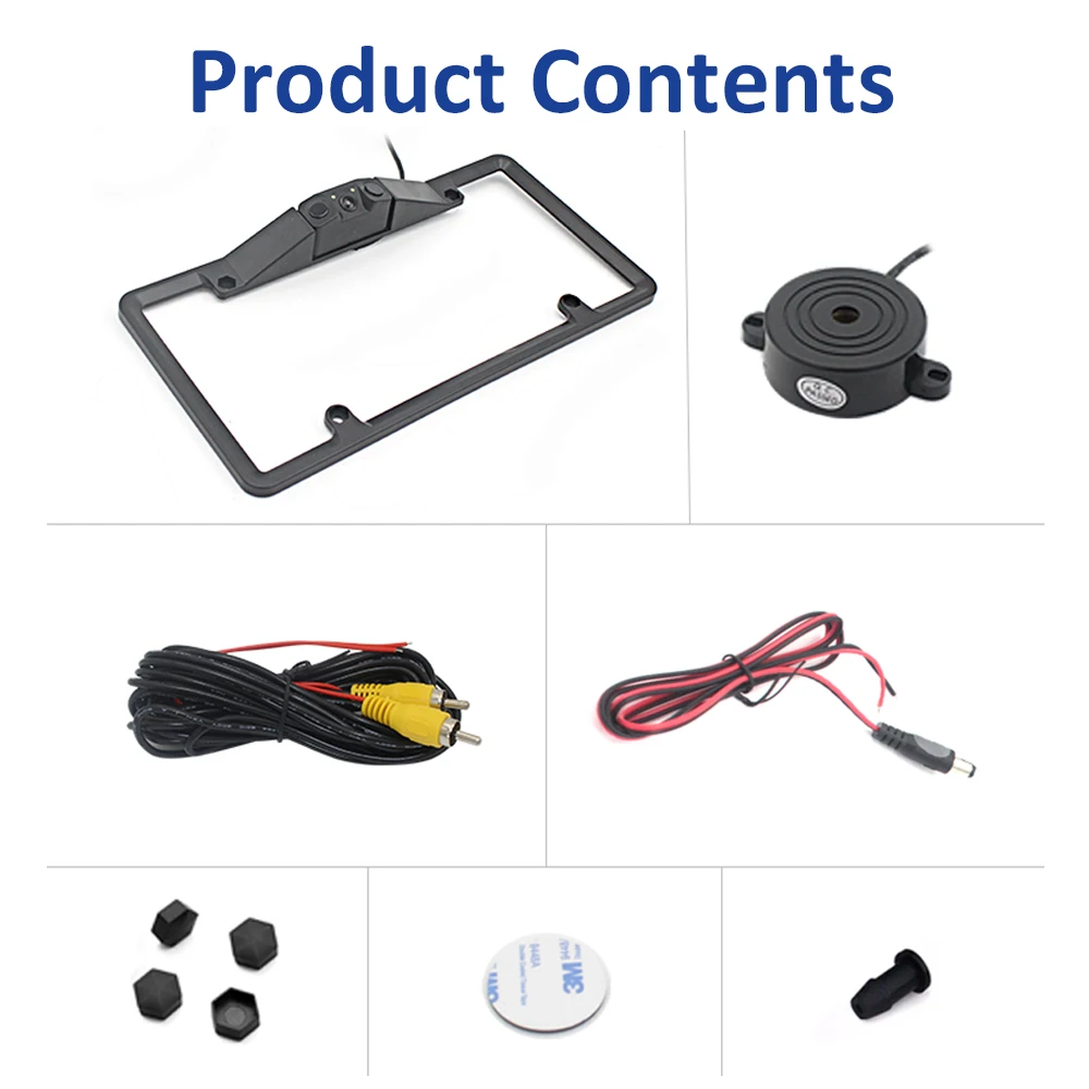 3-in-1 US License Plate Frame Backup Camera with Parking Sensor, 170° Wide Angle Night Vision Rear View Camera for Car