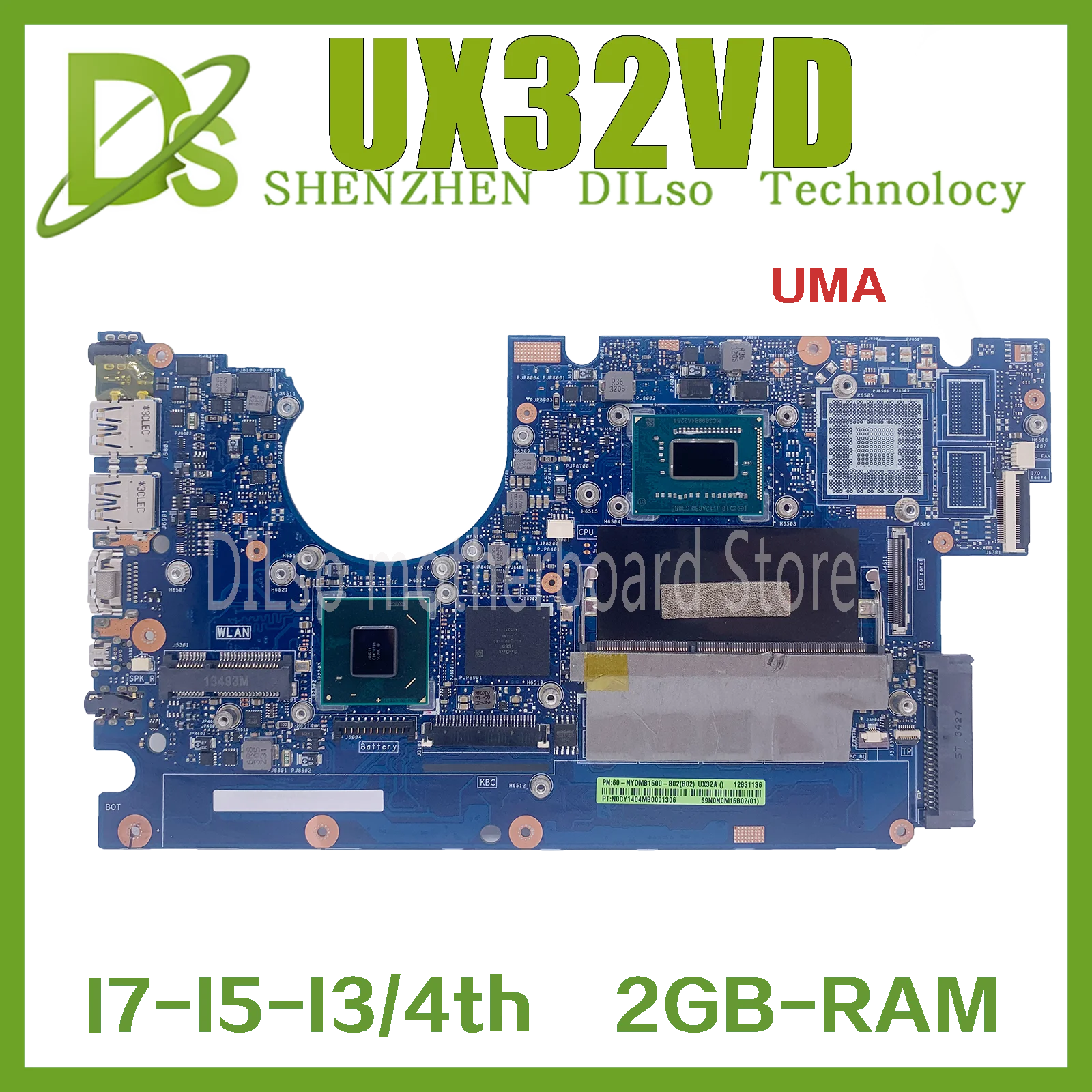 KEFU UX32VD Mainboard For Asus Vivobook UX32A UX32V Laptop Motherboard With 2GB-RAM I3 I5  I7 3th CPU GT620M 100% Test