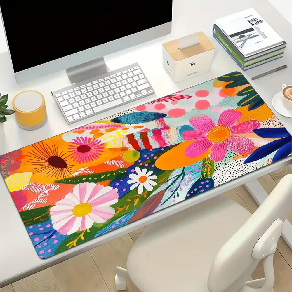 Colorful Abstract Floral Print Large Gaming Mousepad Non-slip Rubber Base Stitched Edge Office Keyboard Workstation Pad