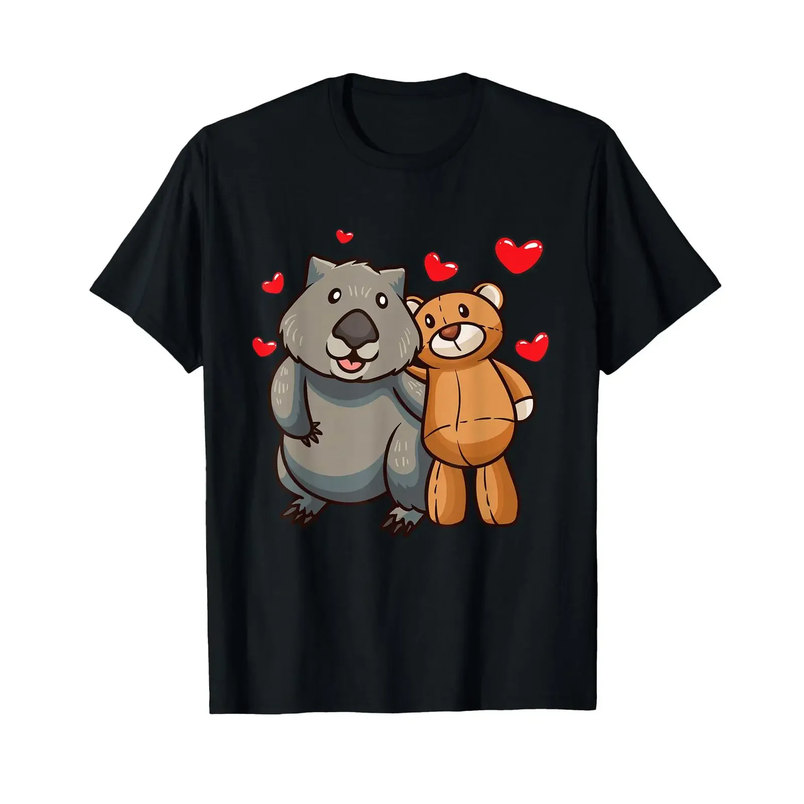 Wombat with Cuddly Toy and Hearts T Shirt vintage Washed fashion Top For Everyday Wear Breathable Casual homme Stylish