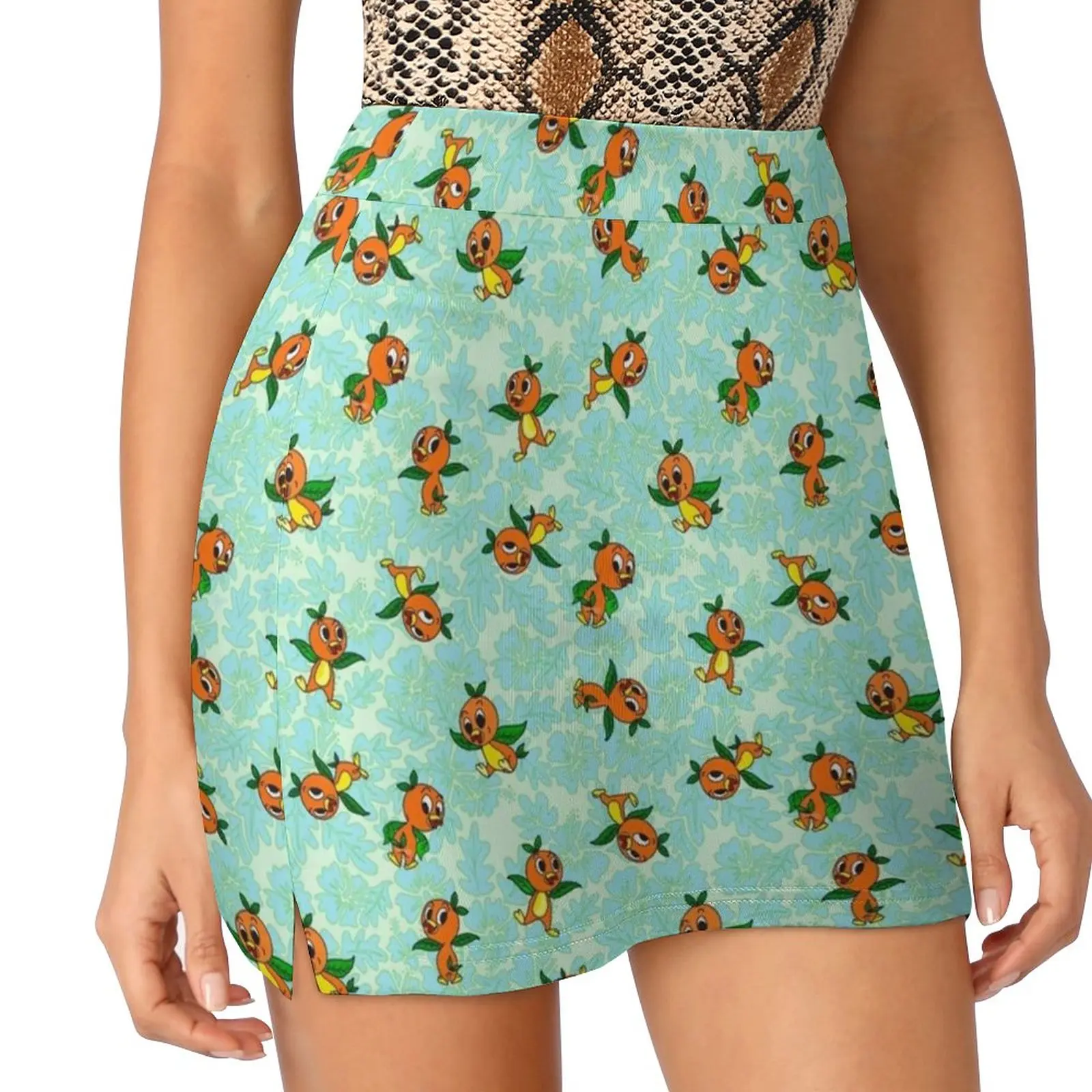 Little Orange Tropical Bird On Hibiscus Robin’S Egg Blue Women's skirt Mini Skirts A Line Skirt With Hide Pocket Orange Bird