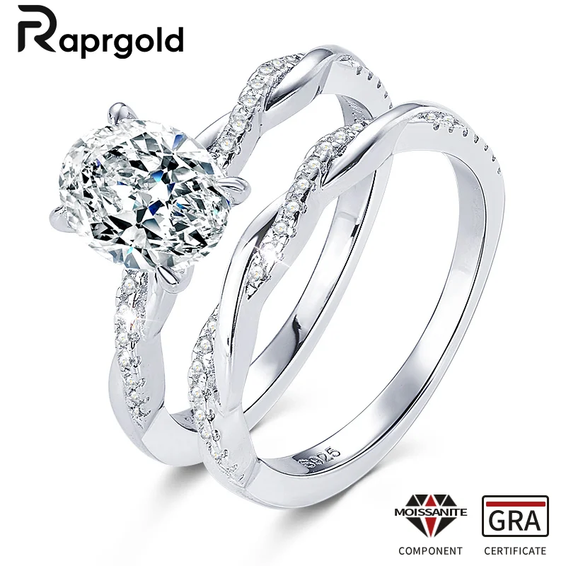 

RAPRGOLD 2.0ct Oval Moissanite Ring for Women Real S925 Silver Engagement Wedding Fine Jewelry Rings Set with GRA Eternity Band