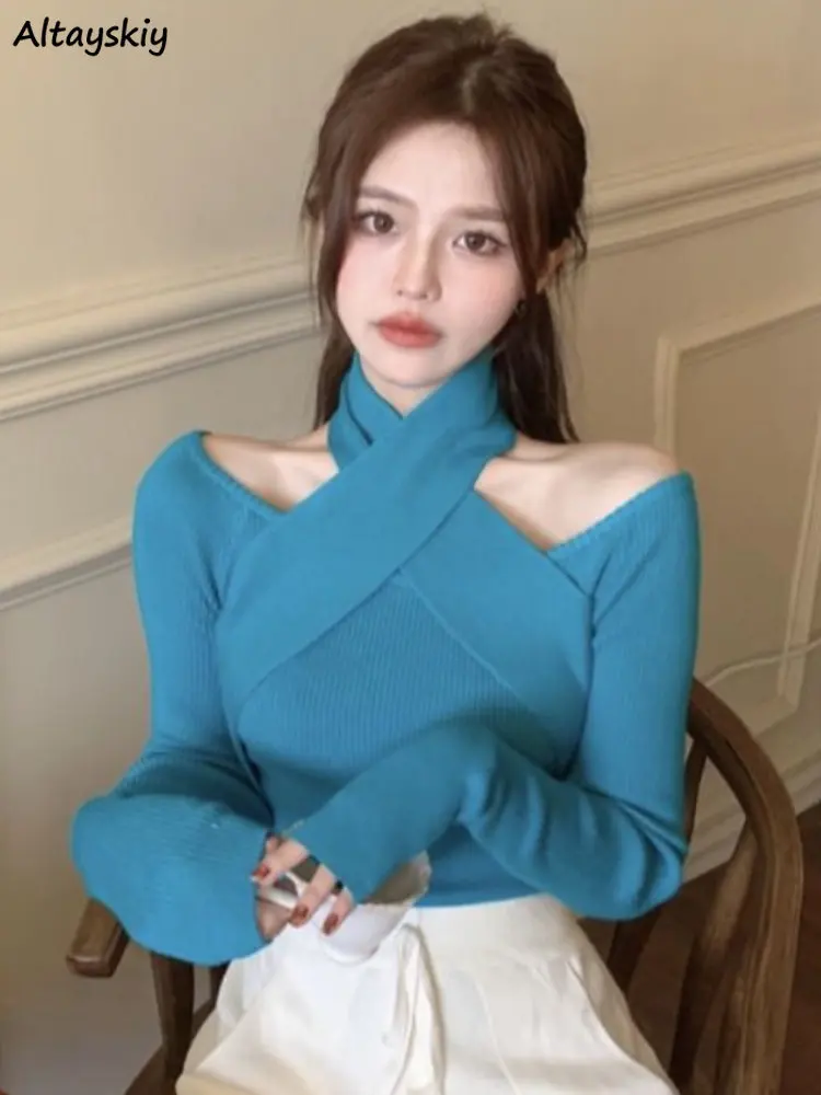 

Criss-cross Pullovers Women Korean Style Office Lady Long Sleeve Knitted Spring Solid Simple All-match Temperament Elegant Chic