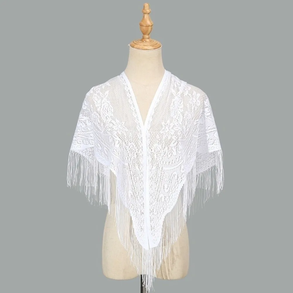 Elegant Polyester Lace Hollow Scarf Embroidery Pure Color Tassel Triangle Shawl White Transparent Mesh Scarves Women