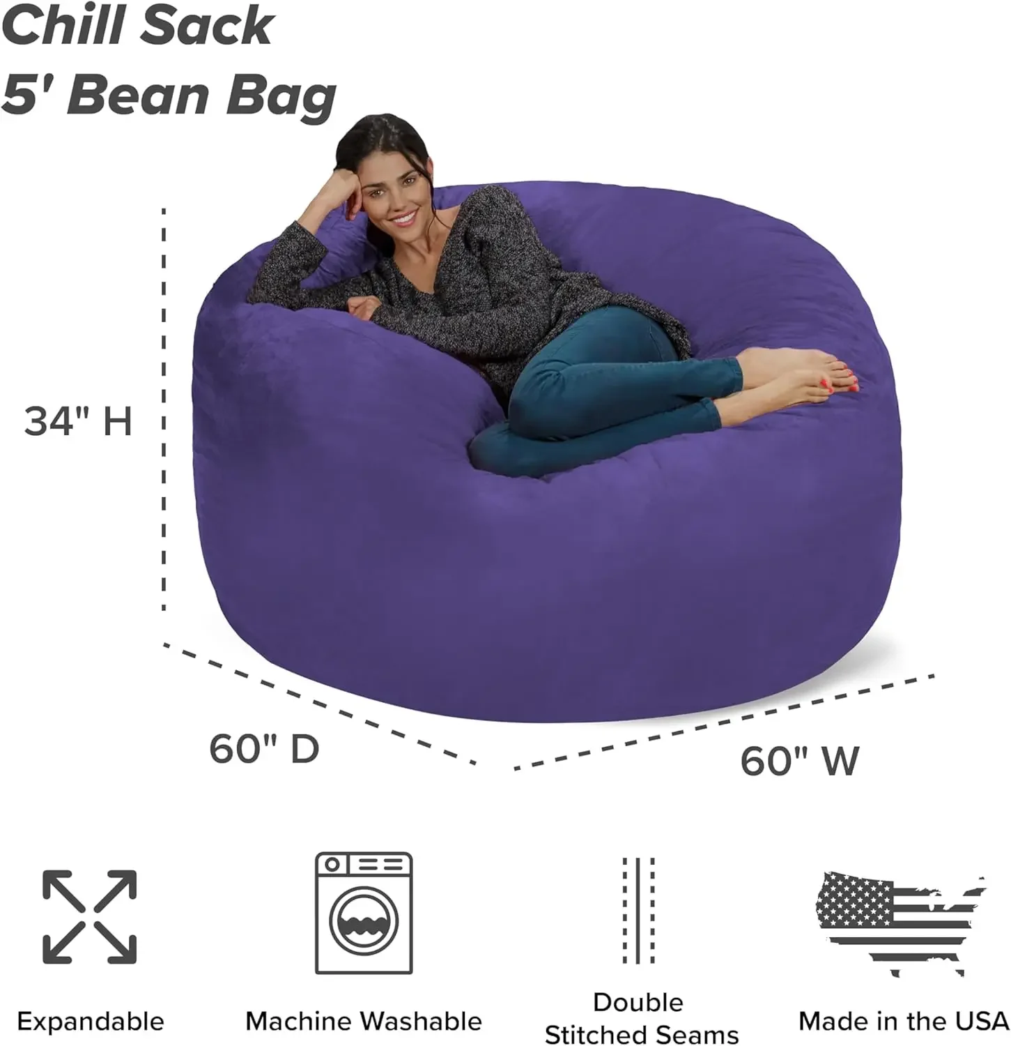 Sack Bean Bag Chair: Giant 5' Memory Foam Furniture Bean Bag - Big Sofa with Soft Micro Fiber Cover - Grape