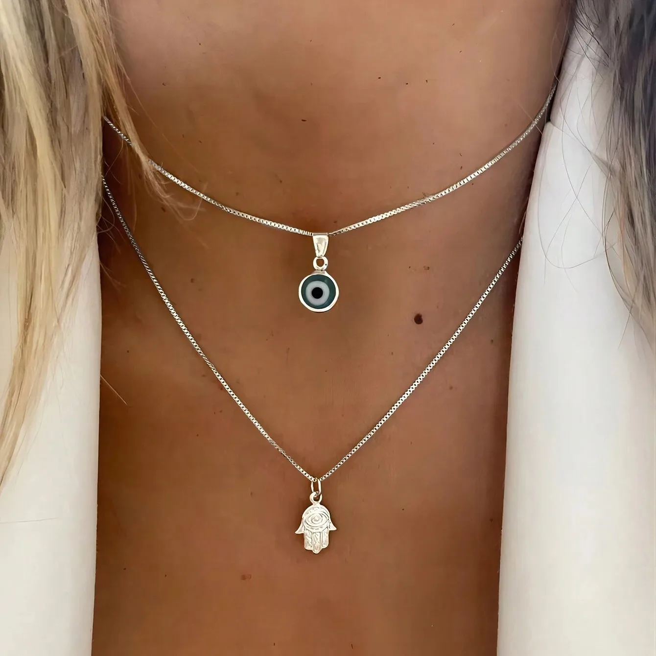 Lucky Turkish Double Layer Minimalist Blue Eyes Evil Eye Necklace For Women Pendant Choker Fatima Hand Clavicle Chain Jewelry