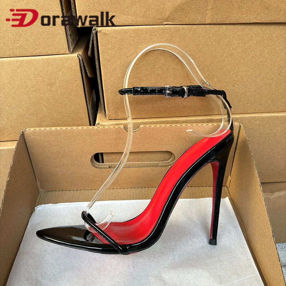 

Модные пикантные черные женские туфли с красной внутренней частью, сандалии 12 см с ремешком на щиколотке, элегантные женские туфли на высоком каблуке с острым носком, OL, с открытой пяткой