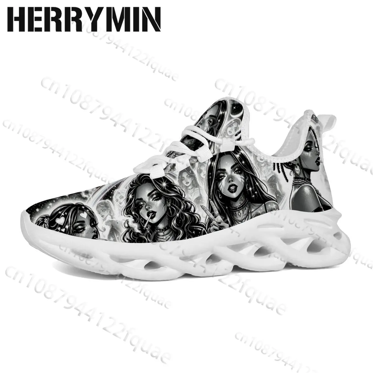 boys girls Black White Art Portrait Print Sneakers Trendy Lady Graphic Pattern Wave Blade Sole Footwear Gift for Him