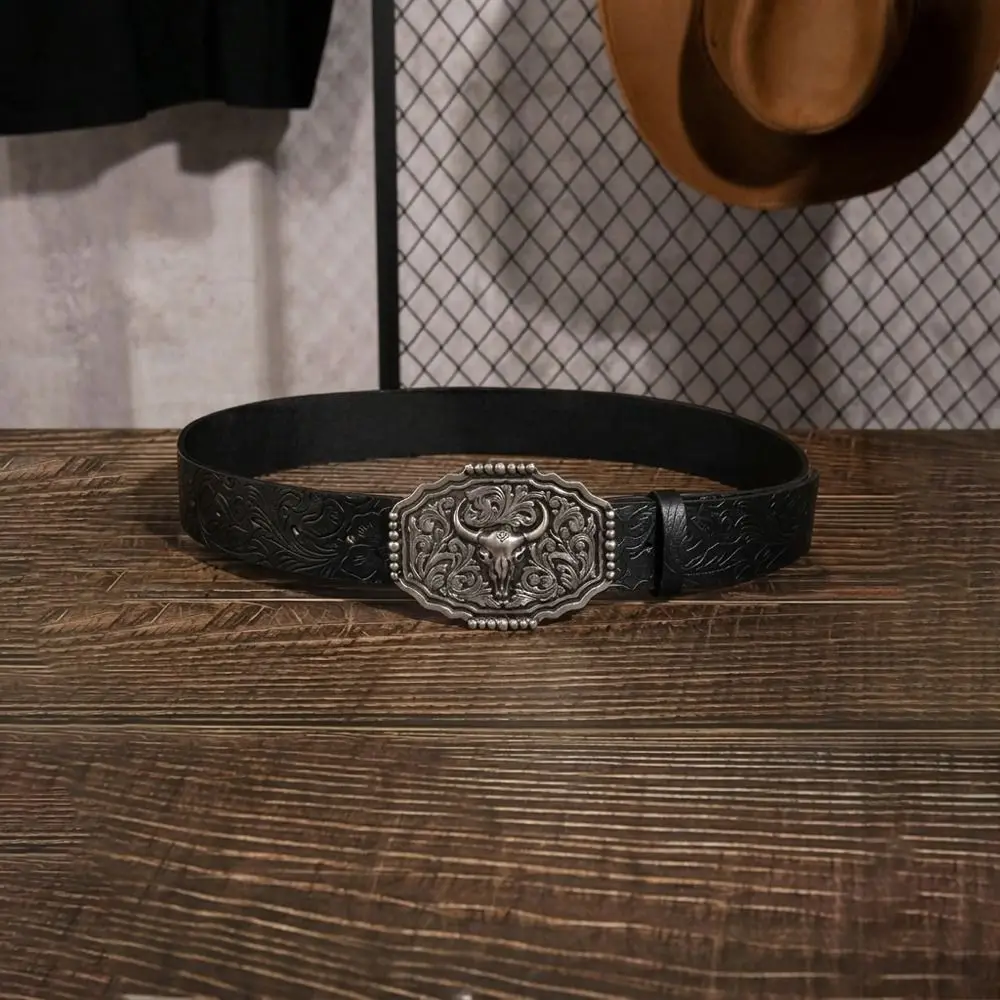 Vintage PU Leather Western Cowboy Belt Luxury Design Trendy Brand Business Casual Belt Embossed Ox Head Waistband for Men