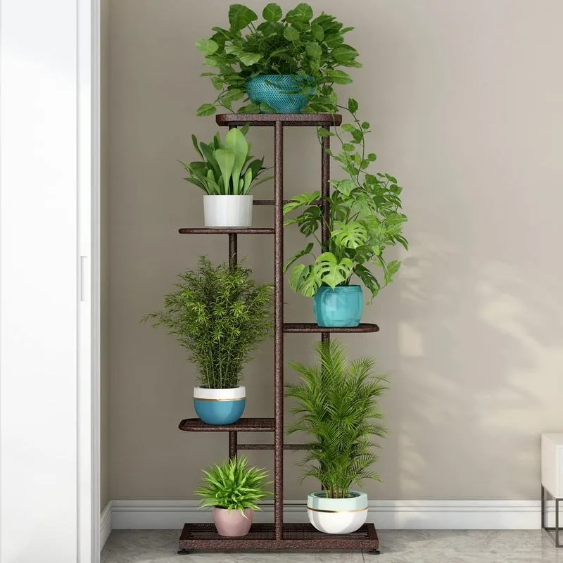 Metal 5 Tier 6 Potted Multiple Flower Pot Holder Shelf Indoor Outdoor Planter Display Shelving Unit for Patio Garden Corner Bam