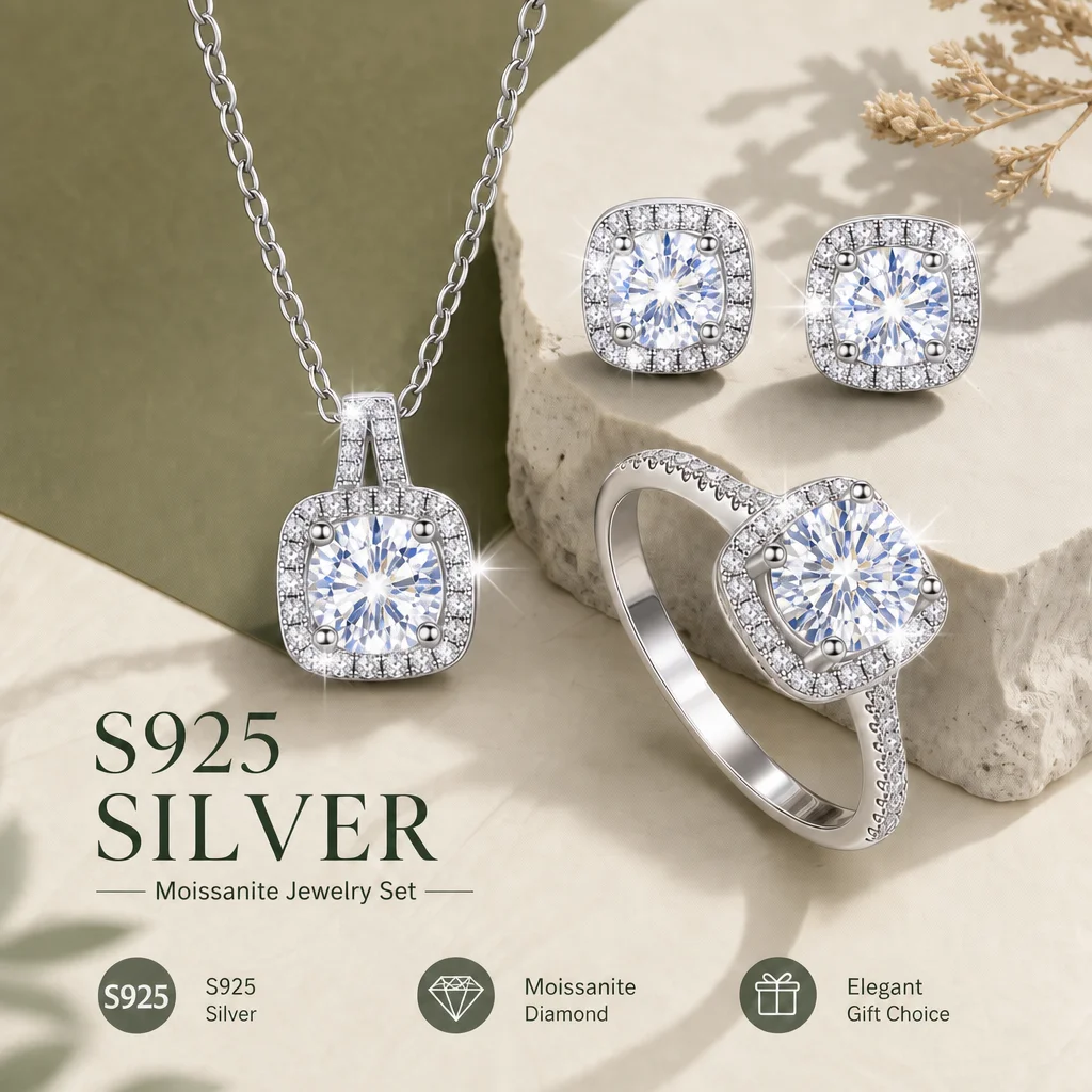 Image of 100 % echter Moissanit mit GRA-Zertifikat, Schmuck, Ohrringe, Halskette, Ringe, S925-Silber, luxuriöser, funkelnder Diamant, D VVS, Geschenke
