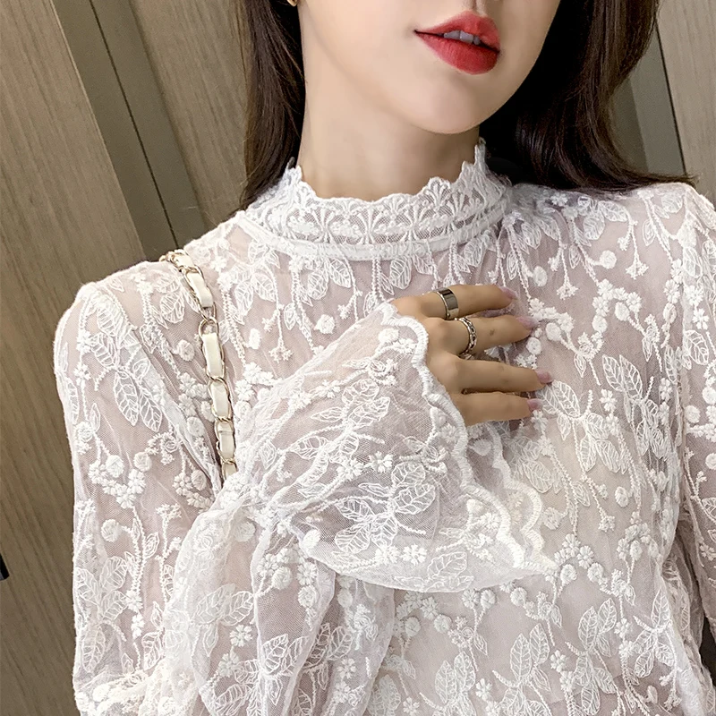 Women Lace Shirt Spring Autumn Long Sleeve Half High Collar Translucent Mesh Bottoming Shirts Female Sexy