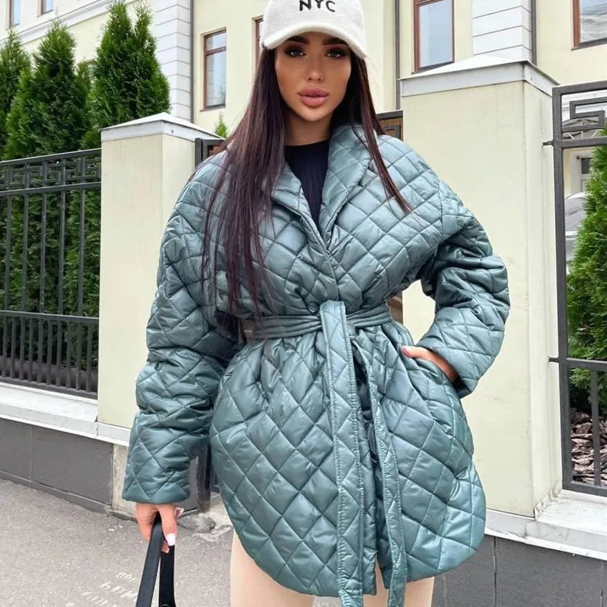 Argyle Long Cotton-padded Parkas Women Belted Thick Warm Winter Jacket Female Casual Solid Coats Female 2023 Overcoat