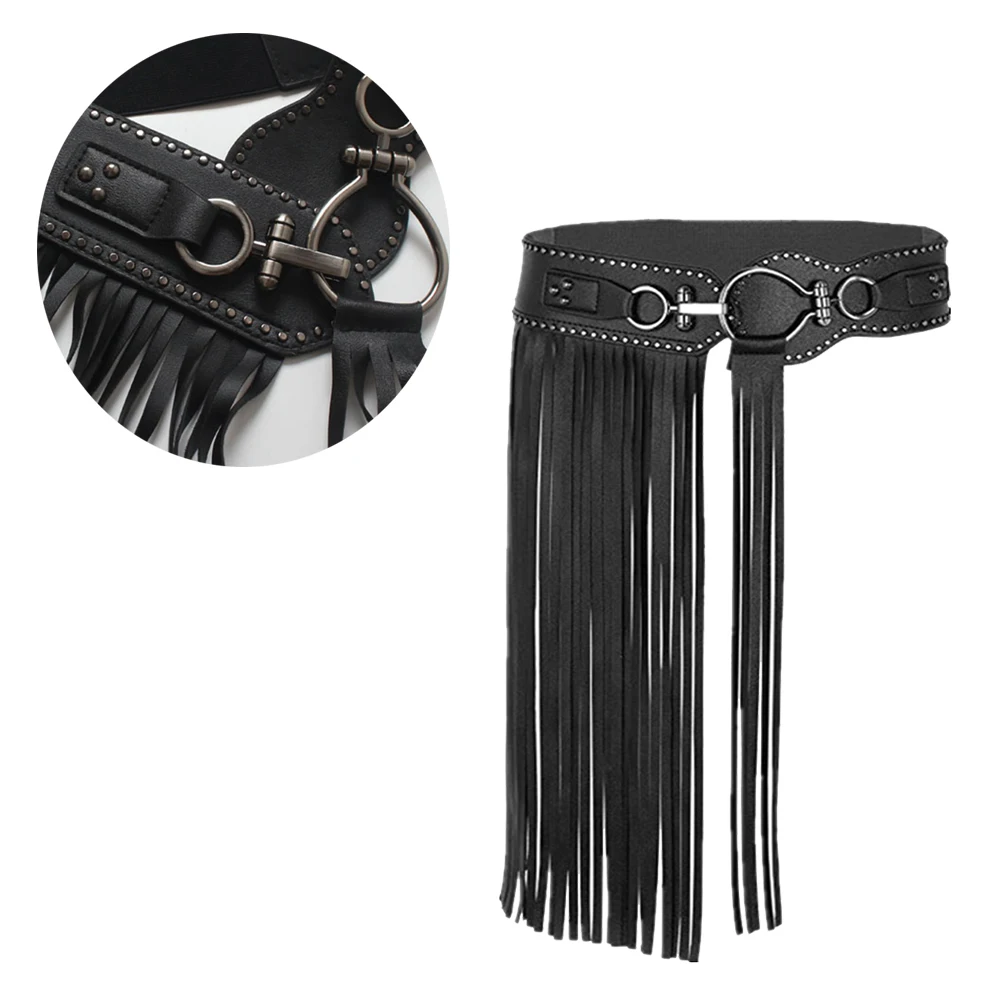 

1Pcs Punk Style Rivet Waist Belt Black Size L 68-75cm Tassel Decor Skirt Durable for Party Dating Cosplay