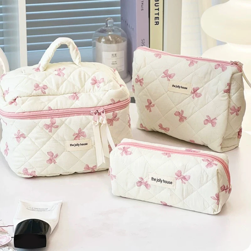 3 Sizes Korean Bow Print Women Makeup Bag Large Capacity Portable Cosmetic Case for Travel Toiletries Cosmetics Storage Bags