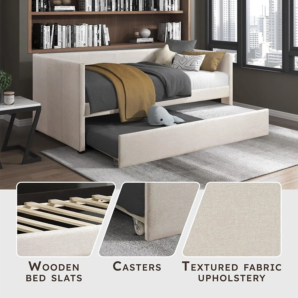 Upholstered Twin Daybed with Trundle Foam Padded Sofa Bed Frame with Backrest Wooden Slats Support Easy Assembly No Box Spring