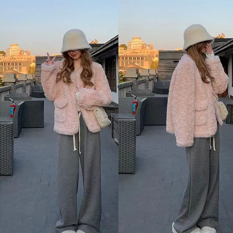 

Lamb Wool Jacket Woman Side Pockets Seamless Construction Continuous Structure Unbroken Framework Uninterrupted Formation Ladies