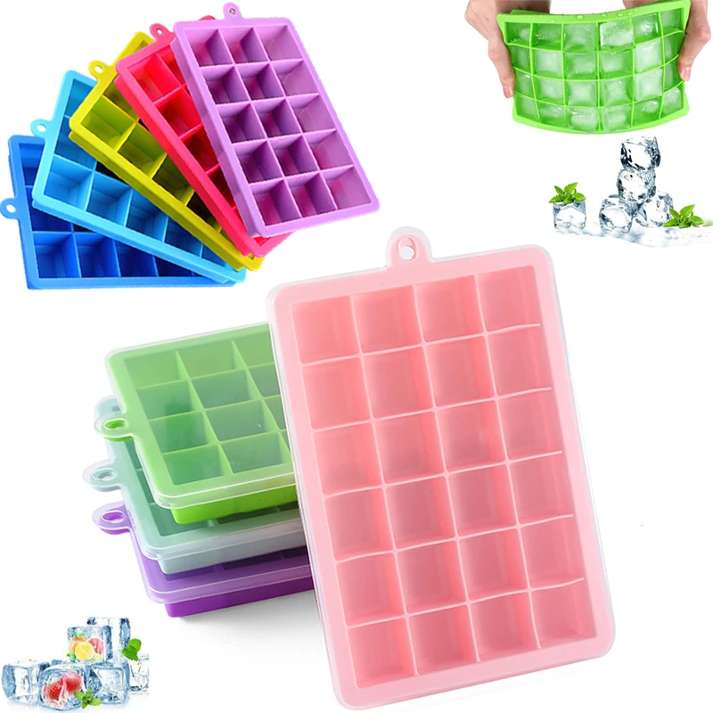 

New 24 Grids Silicone Ice Tray with Lid Ice Cube Mold Big Square Box Icecream Cold Drinks Whiskey Cocktails Tools Ice Mold