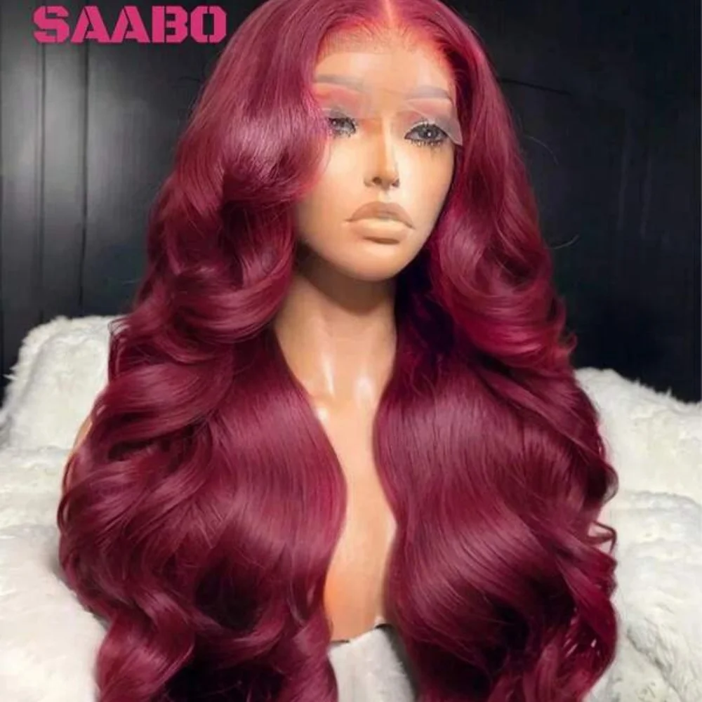 200% الكثافة 99j بورجوندي اللون الأحمر الجسم موجة الشعر البشري المخلوط 13X4 الدانتيل الباروكات الأمامية للنساء قبل قطعها منطقة كبيرة