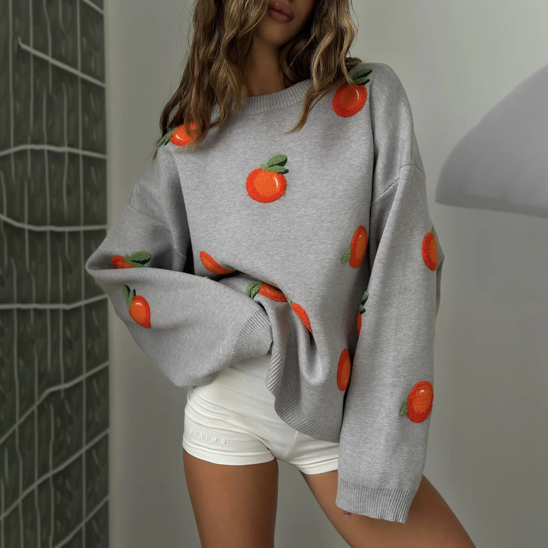 Tangerine embroidery long-sleeved knitwear senior sense loose crew neck pullover sweater for women