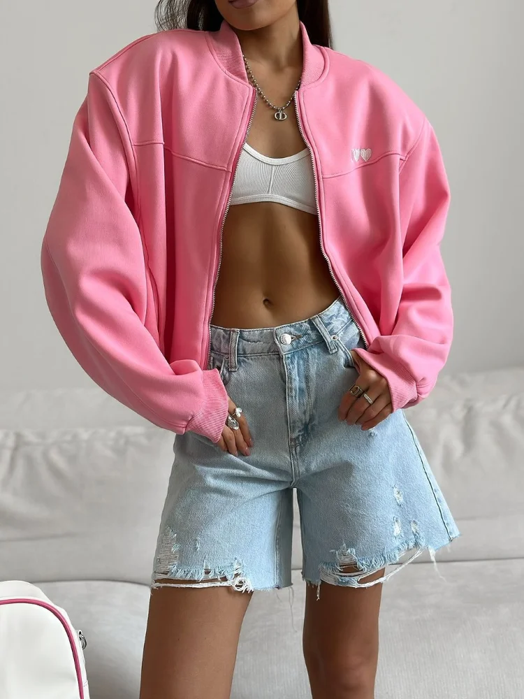 2024 Autumn Women Solid Zipper Short Bomber Jacket Long Sleeve O-neck Baseball Aviator Cropped Coat Fashion Lady Crop Outerwear