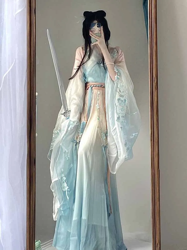 Hanfu Dress Women Chinese Traditional Embroidery Hanfu Female Carnival Cosplay Costume Gradient Blue Hanfu Dress Plus Size