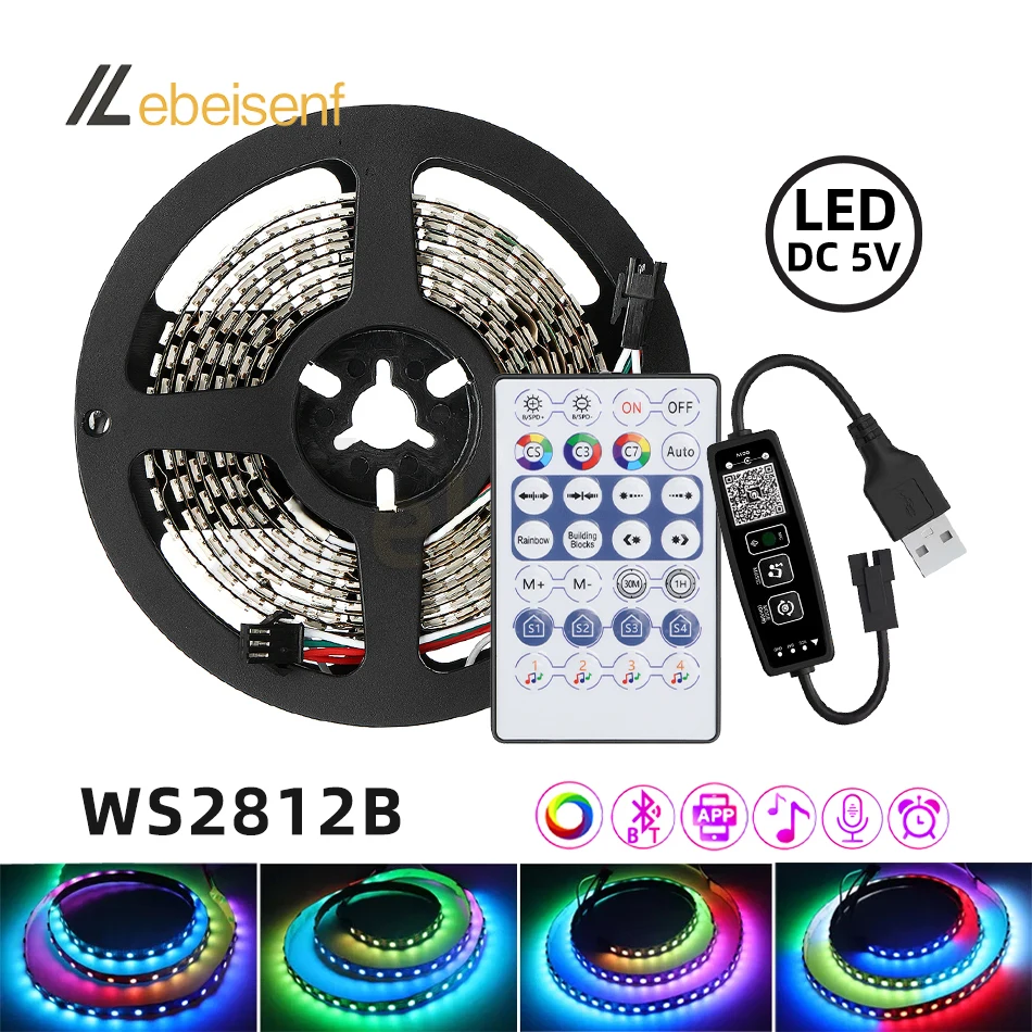 1 zestaw USB 5V WS2812B LED magiczny kolor piksel światła elastyczny pasek 1M 2M 3M 4M 5M i bezprzewodowa bezprzewodowy pilot Bluetooth RF 2.4G