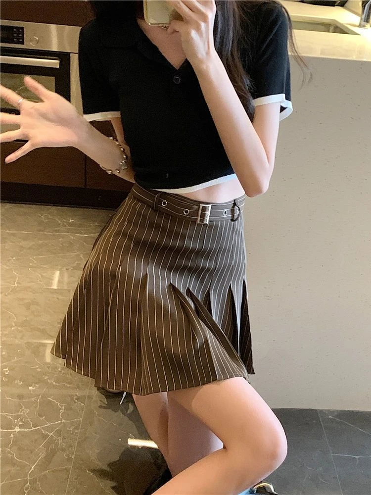 Skirts Women Classic Kawaii Striped All-match Streetwear Preppy Style Simple Attractive Holiday A-line Design Trendy Belt Daily