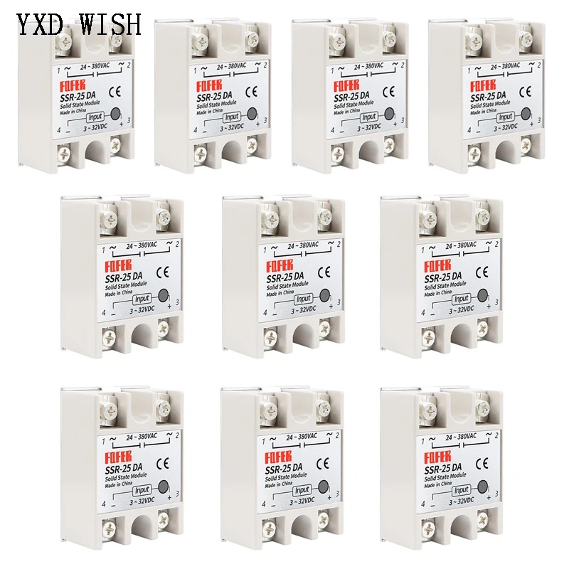 

Твердотельное реле 10А, 25А, 40А, однофазный модуль, 3-32 В, вход постоянного тока, 24-380 В переменного тока, выход SSR-10DA SSR-25DA SSR-40DA, реле