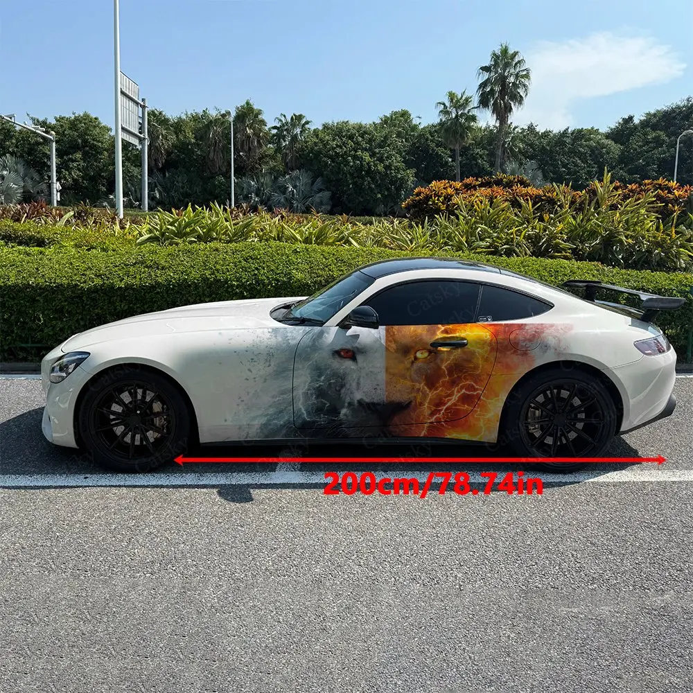 2pcs Fire Split Lion Face Car Side Wraps, Self-Adhesive PVC Waterproof & Scratch-Resistant Stickers, Car Accessory Gift