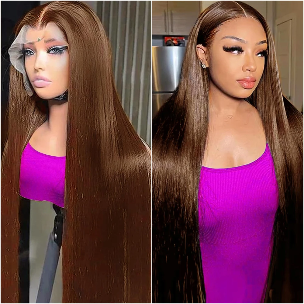 # 4 초콜릿 브라운 스트레이트 인모 가발 초콜릿 브라운 스트레이트 13x6 레이스 프론탈 인모 가발 여성용 200% 밀도