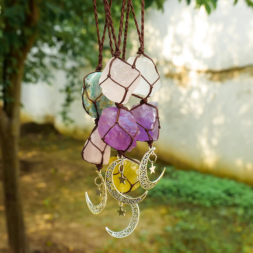 Charm Natural Gemstone Crystal Raw Stone Amethyst Rose Quartz Pendant Healing Crystals FengShui Hanging Ornament Car Decoration