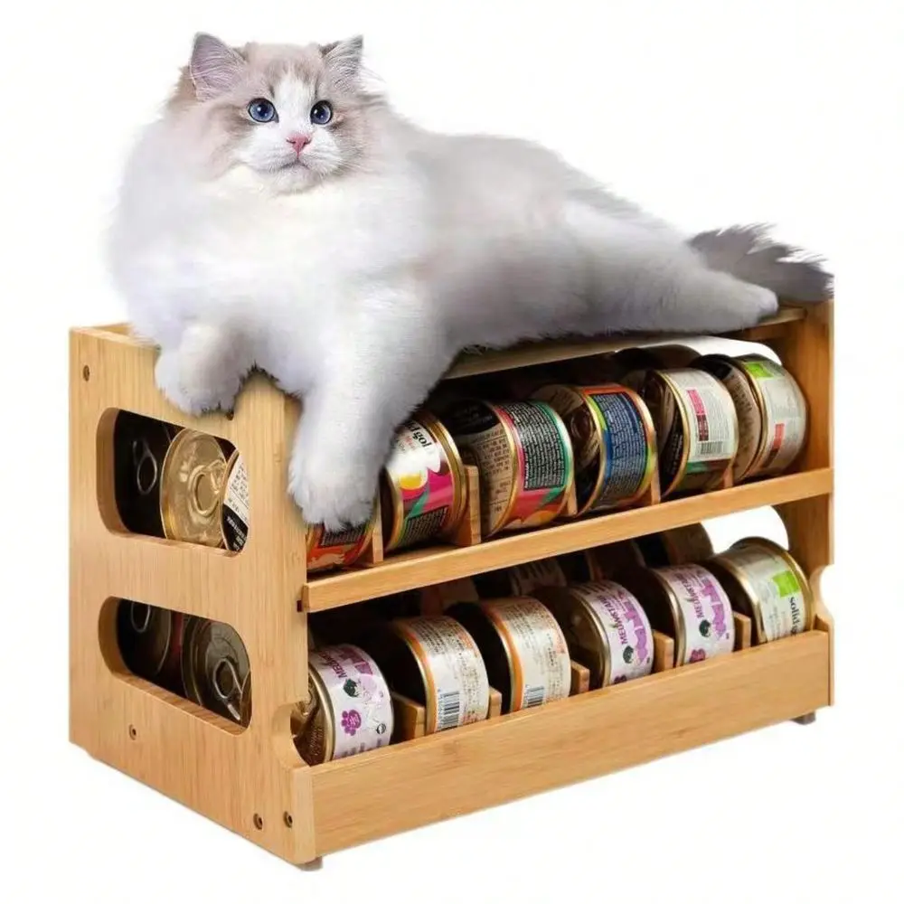 Wooden Pet Food Storage Organizer Double Tier Stackable Rack For 36 Cans, SpaceSaving Kitchen Pantry Shelf For Dog Cat Food