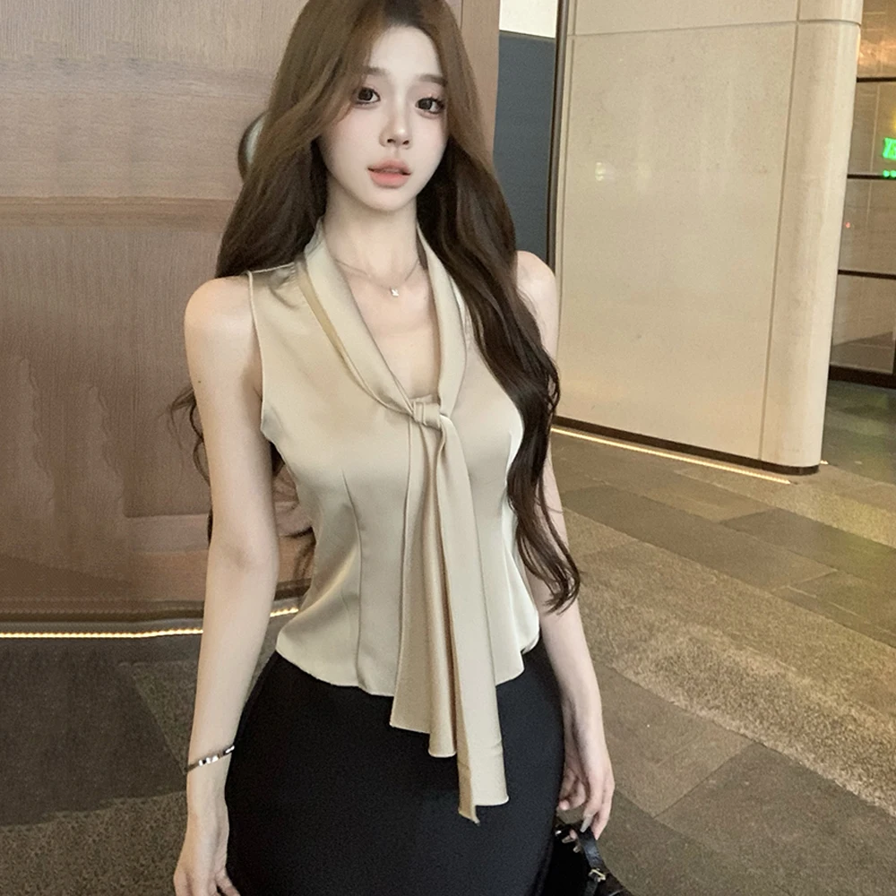 

Korean Elegant Satin Tank Tops Women 2024 Summer V-neck Lace Up Office Champagne Blouse Ladies Casual Sleeveless Female Vest Tee